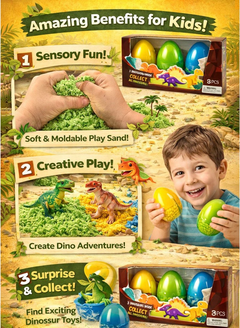 GreaTeam 3-in-1 Dino Sand Game Moving Sand Magic Kinetic Play Sand Sensory Toy Set for Kids Dinosaur Egg Pot Set x3 in Each Egg Pot Includes 1 Dinosaur Figure Inside Each Egg + 1 Decoration Card for Trees & Stones Soft Moldable Sand for Creative Play, Baby Fine Motor Skills & Hand-Eye Coordination Educational Learning Toy for Preschool & Kindergarten Indoor Activity, Screen-Free Playtime Gift for Boys & Girls Ages 3+ - Image 5